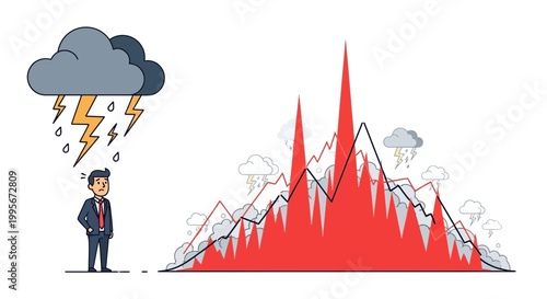 Businessman facing economic challenges with storm cloud and graph