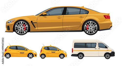 Yellow sedan and hatchback taxis and white minibus isolated on white background
