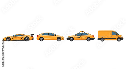 Yellow cars in a row sports sedan taxi and van transportation illustration