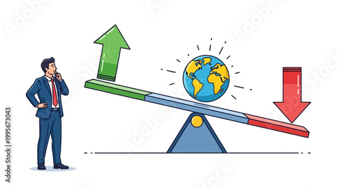 Businessman contemplating a world on a balance scale with upward and downward arrows