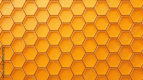 A bright orange and yellow three-dimensional honeycomb texture featuring a clean repetitive hexagonal grid with soft shadows and a warm golden glow.