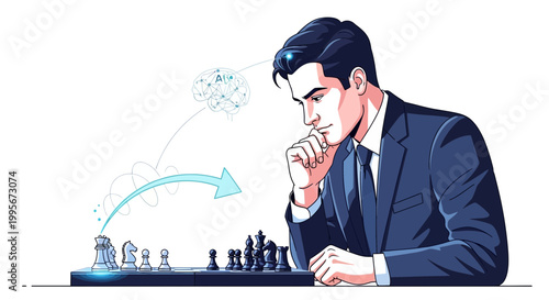 Businessman contemplating chess game illustrating strategy and intelligence