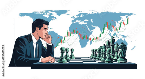 Businessman contemplating chess game with stock market chart and world map