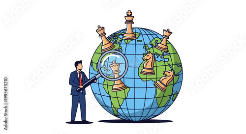 Businessman examining chess pieces on a globe with magnifying glass