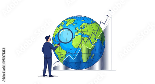 Businessman examining global growth with magnifying glass and rising graph
