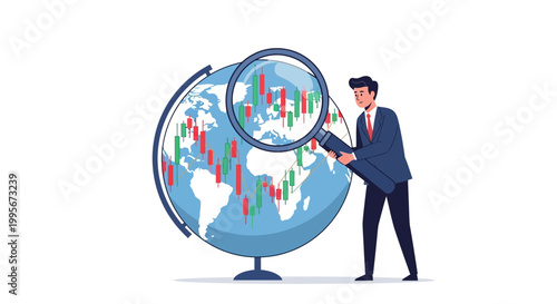 Businessman examining globe financial data with magnifying glass vector illustration