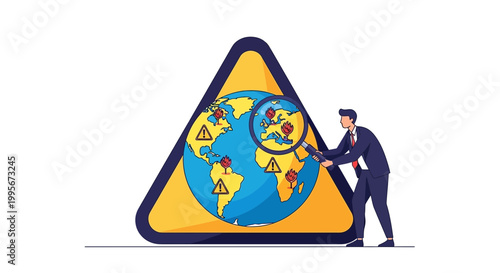 Businessman examining global map with magnifying glass inside yellow warning sign
