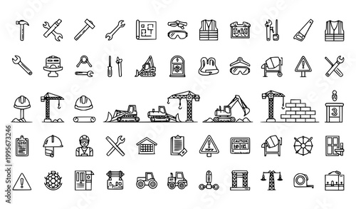 Construction icon set with building and engineering symbols in clean outline vector illustration style