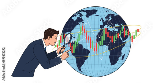 Businessman examining world globe with magnifying glass analyzing stock market data