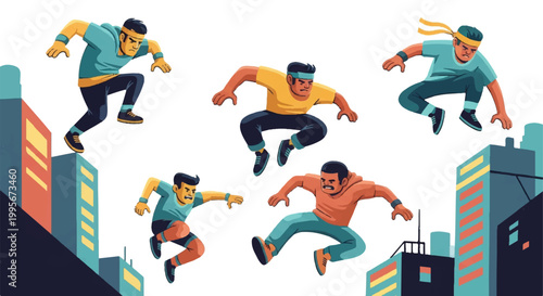 Athletic individuals performing jumps over buildings in urban environment