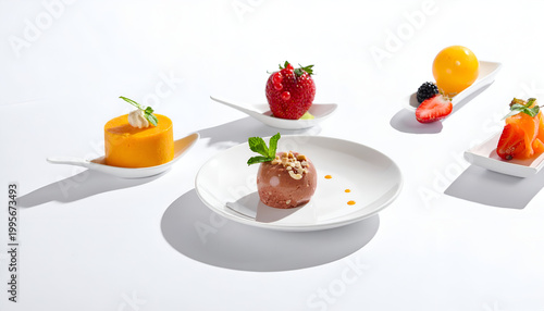 Assorted gourmet appetizers featuring fruit cheese and chocolate desserts displayed on elegant white platters against a bright background