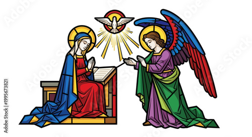 Annunciation Scene, Stained Glass Style, Virgin Mary and Angel Gabriel
