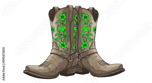 Brown Cowboy Boots with Green Floral Embroidery