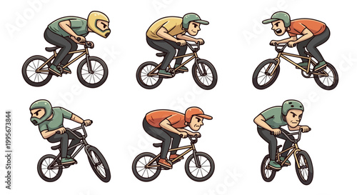 Bicycle riders action poses set vector illustration