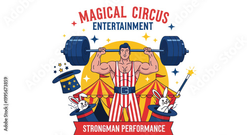 Circus Strongman Lifting Weights, Magic Show with Rabbits and Wands