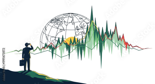 Businessman observes global finance graph with world globe and sunset visual