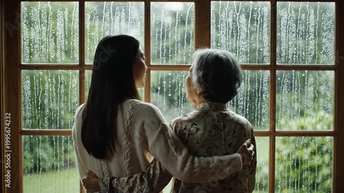 Young woman hugging senior woman by rainy window