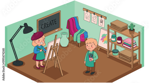 Children creating art in classroom with easel painting and drawing tools.
