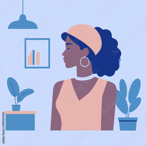 Une illustration vectorielle élégante d'une femme noire de profil portant un bandeau rose dans un intérieur moderne avec des plantes vertes.