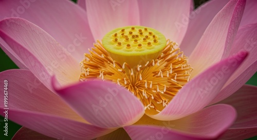 Close up of a pink lotus flower with yellow center botanical beauty