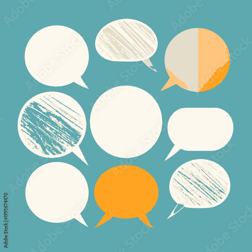 Ensemble de bulles de dialogue illustrées avec différentes textures et formes sur un fond bleu pour la communication et le design graphique.