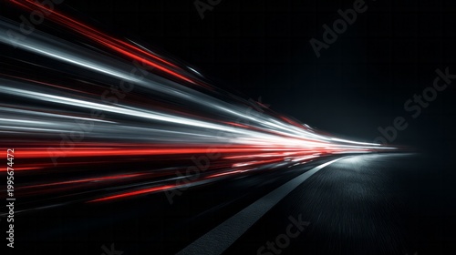 Red and white light trails streak across dark road at speed.