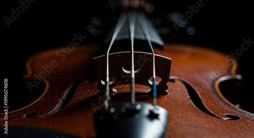 Close up of a wooden violin with strings against a dark background