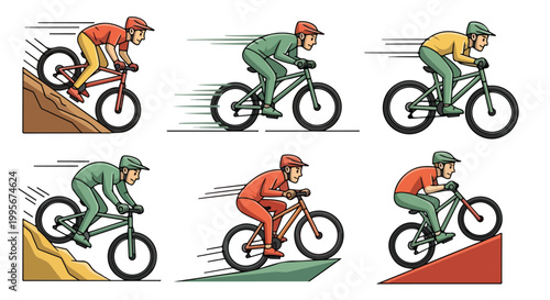 Bicyclists in action illustrations vector set of cyclists on mountain bikes
