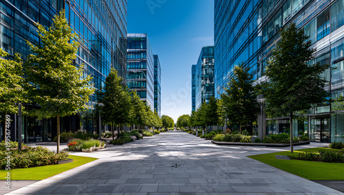 Modern Office Buildings and Green Landscape on a Sunny Day.