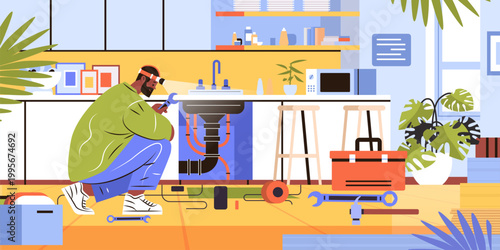 Plumber fixing kitchen sink pipes modern home workspace tools plants interior toolbox repair service concept banner