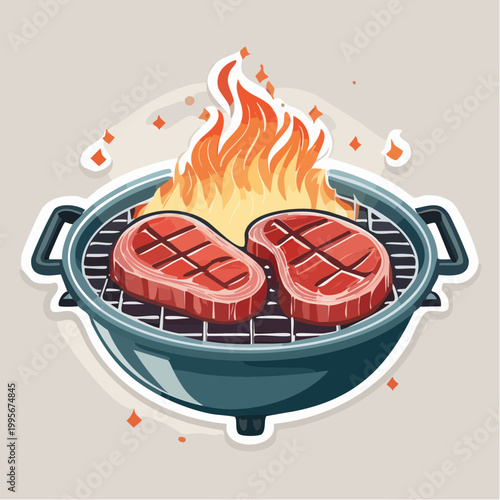 Steaks Grilling on Barbecue with Flames