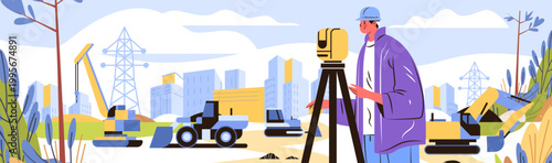 Construction surveyor measuring land urban development site machinery engineer working with equipment city buildings cranes nature landscape