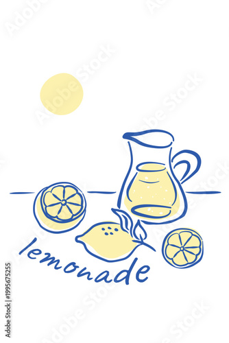 Minimalist blue and yellow sketch illustration of lemonade, lemon slices and pitcher