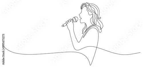 Continuous line drawing of a female singer with long, wavy hair holding a microphone and singing. Vector image of a single continuous line on a white background. World Music Day
