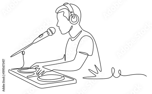 A continuous line drawing of a man wearing large headphones on his ears appearing to be broadcasting, podcasting, or DJing complete with microphone. Vector image on a white background. World Music Day