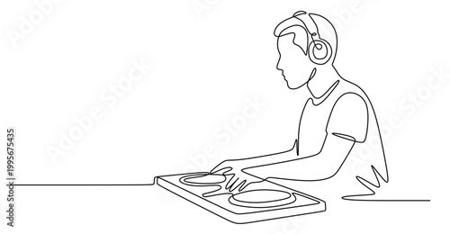 continuous line drawing of a man wearing large headphones on his ears appearing to be broadcasting, podcasting, or DJing. vector image on a white background. world music day