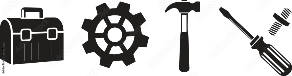 Obraz premium Toolbox gears hammer and screwdriver silhouette icons industrial equipment