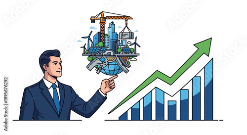 Businessman points to a graph with buildings and sustainable energy sources