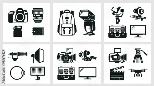 Black and white icons of professional photography and videography equipment, including cameras, lenses, flashes, tripods, microphones, drones, and studio lights.