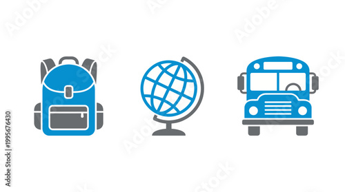 Three blue and grey icons representing school, education, and travel, featuring a backpack, a globe, and a school bus on a white background.