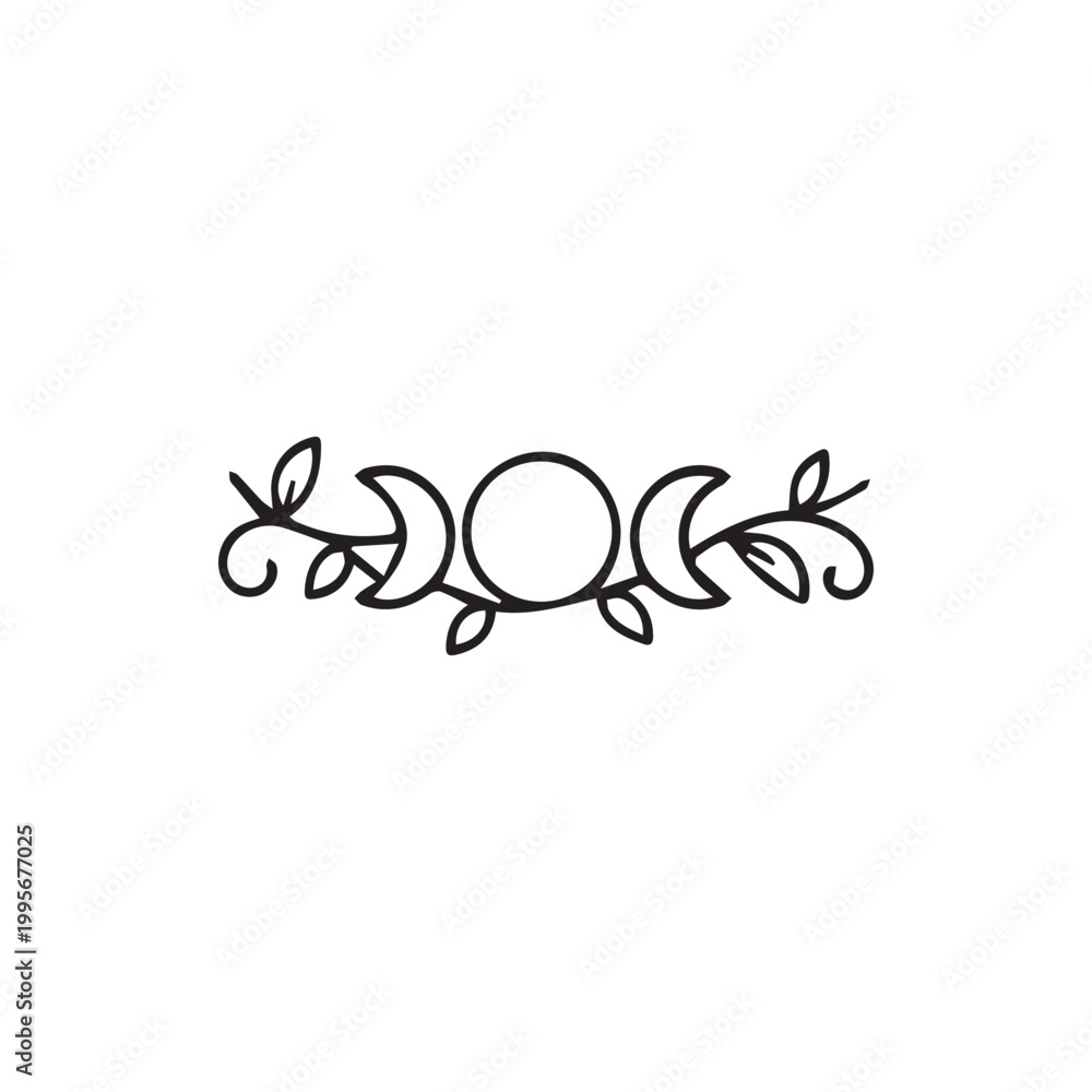 Fototapeta premium Mystical Triple Moon Goddess Symbol with Elegant Botanical Garland Line Art Design