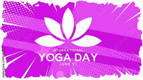International yoga day banner with lotus flower on purple brush stroke background, vector illustration