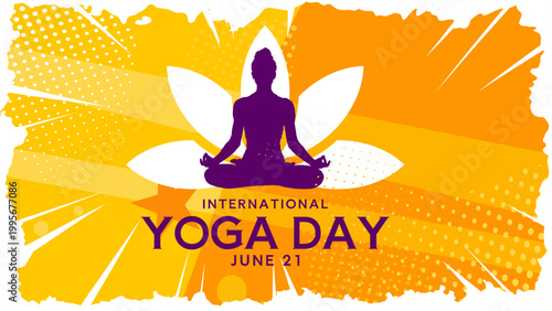 International yoga day banner with woman silhouette in lotus pose on yellow brush stroke background, vector illustration