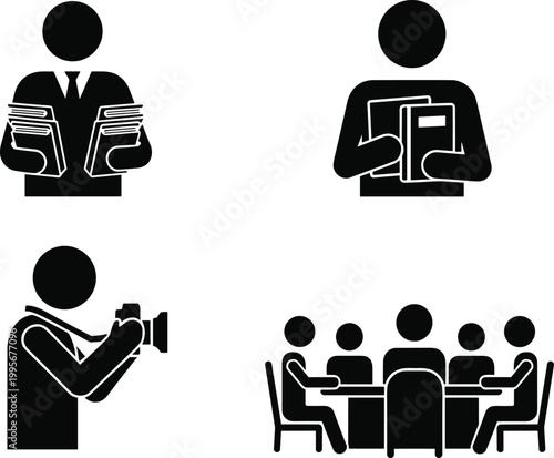 Detailed black and white flat vector illustration collection of professional silhouettes featuring librarians with books, a photographer, and a business meeting.