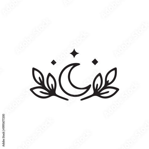 Foto Ethereal Celestial Moon and Botanical Leaf Design with Sparkling Stars Vector Ar