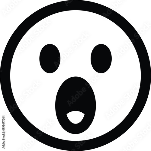 A simple black and white illustration of a shocked or surprised face within a circular frame conveying strong emotion
