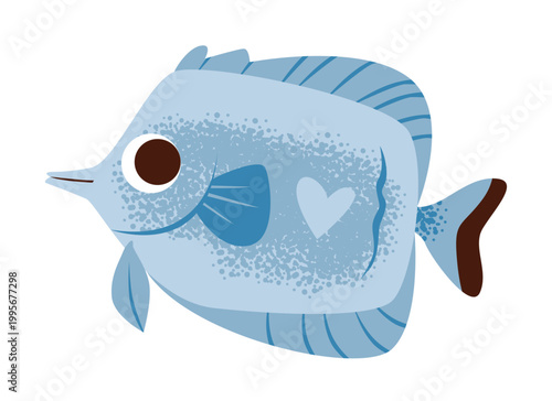 Cute blue tropical fish cartoon with heart. Adorable marine fish character. Flat minimal vector illustration for aquatic life, pets, and playful graphics.