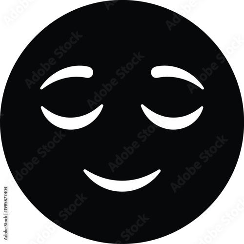 A minimalist black and white circular icon depicting a smiling face with closed eyes conveying peacefulness and contentment