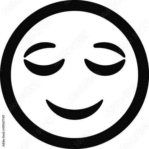 Simple black and white circular icon depicting a smiling face with closed eyes conveying peace and contentment