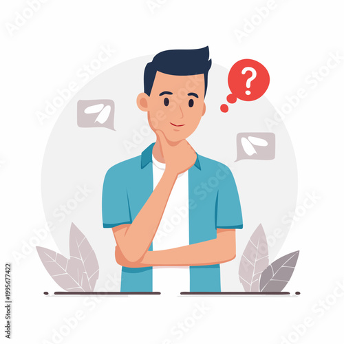 Man Thinking with Question Mark and Speech Bubbles